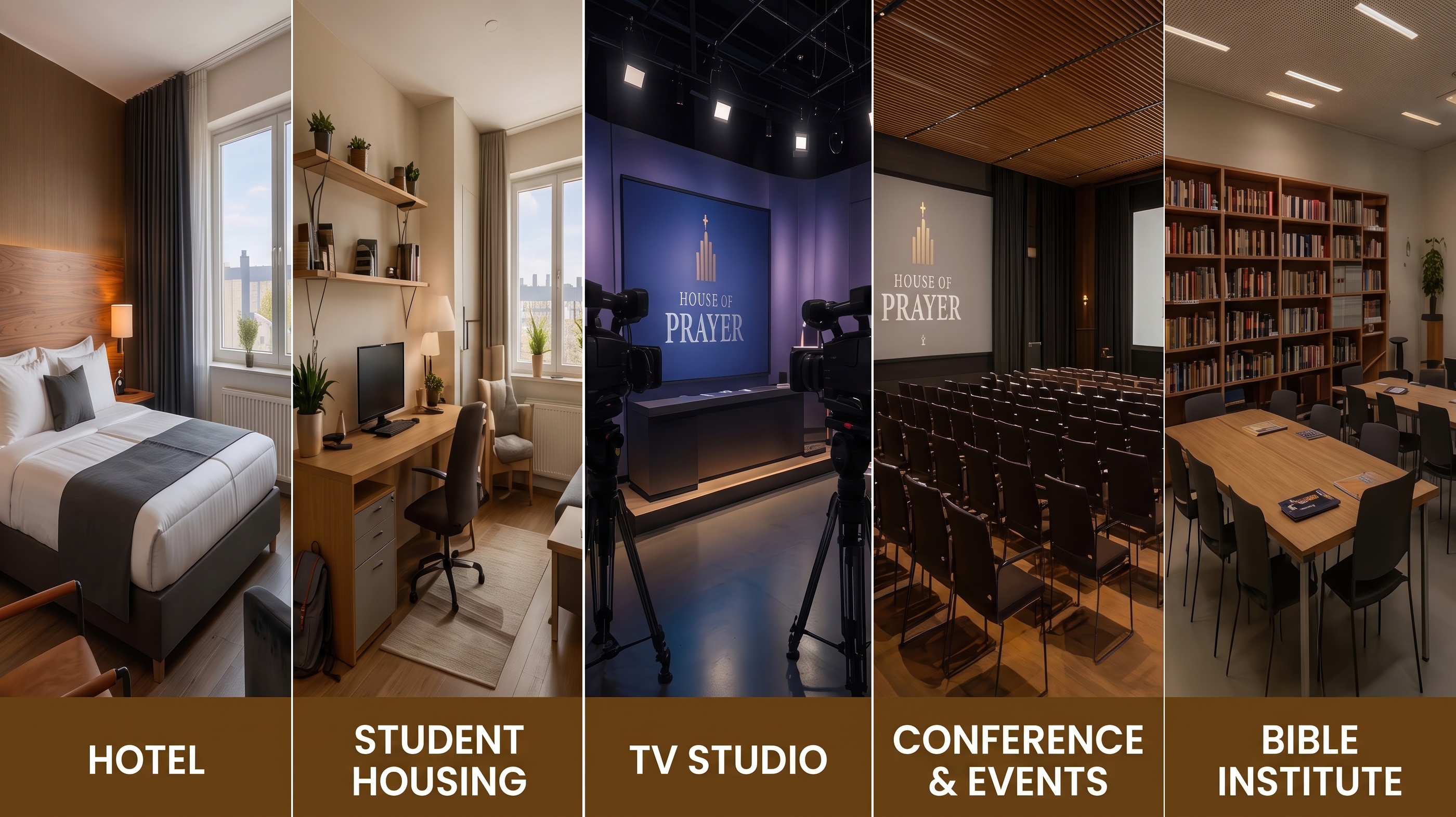 Tilat: Hotel, Student Housing, TV Studio, Conference, Bible Institute